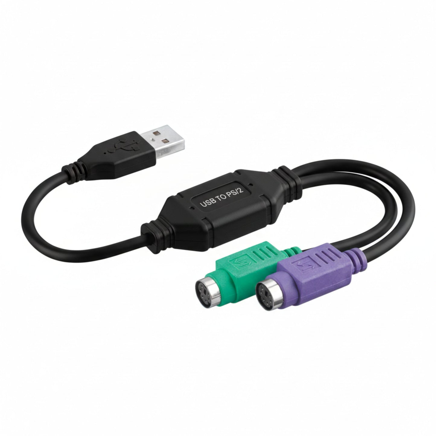 Adapterkabel USB-A han til 2x PS/2 hunner 0,3m sort med USB-stik og grøn/lilla PS/2 stik til tastatur og mus.