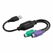 Adapterkabel USB-A han til 2x PS/2 hunner 0,3m sort med USB-stik og grøn/lilla PS/2 stik til tastatur og mus.