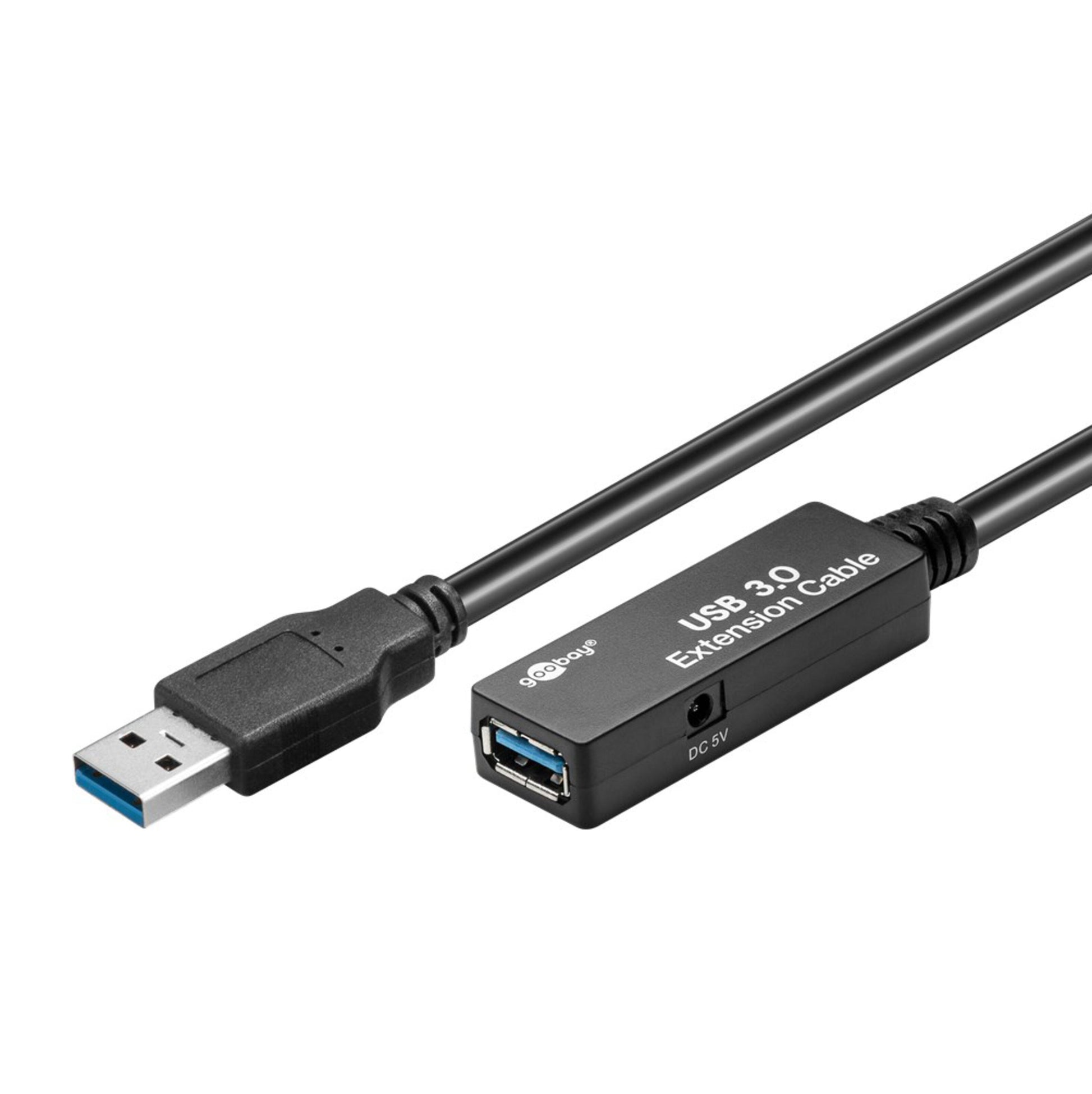 Aktiv USB 3.0 forlængerledning 5 m sort med hanstik og rektangulær adapter med hunport.