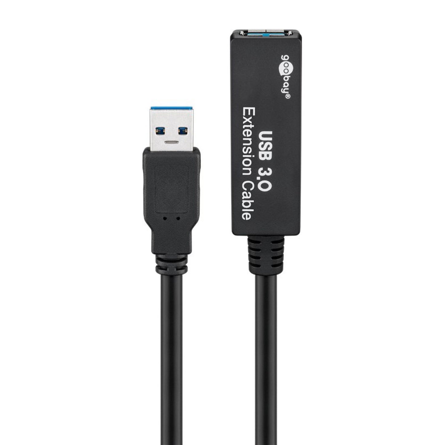 Aktiv USB 3.0 forlængerledning 5 m sort, han til hun, mærket "USB 3.0" i hvid tekst ved kvindelig port.