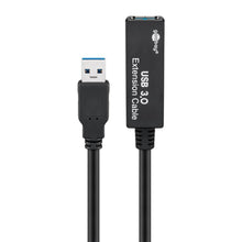 Aktiv USB 3.0 forlængerledning 5 m sort, han til hun, mærket "USB 3.0" i hvid tekst ved kvindelig port.