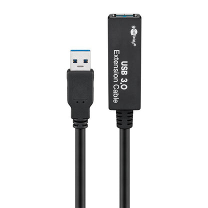 Aktiv USB 3.0 forlængerledning 5 m sort, han til hun, mærket "USB 3.0" i hvid tekst ved kvindelig port.