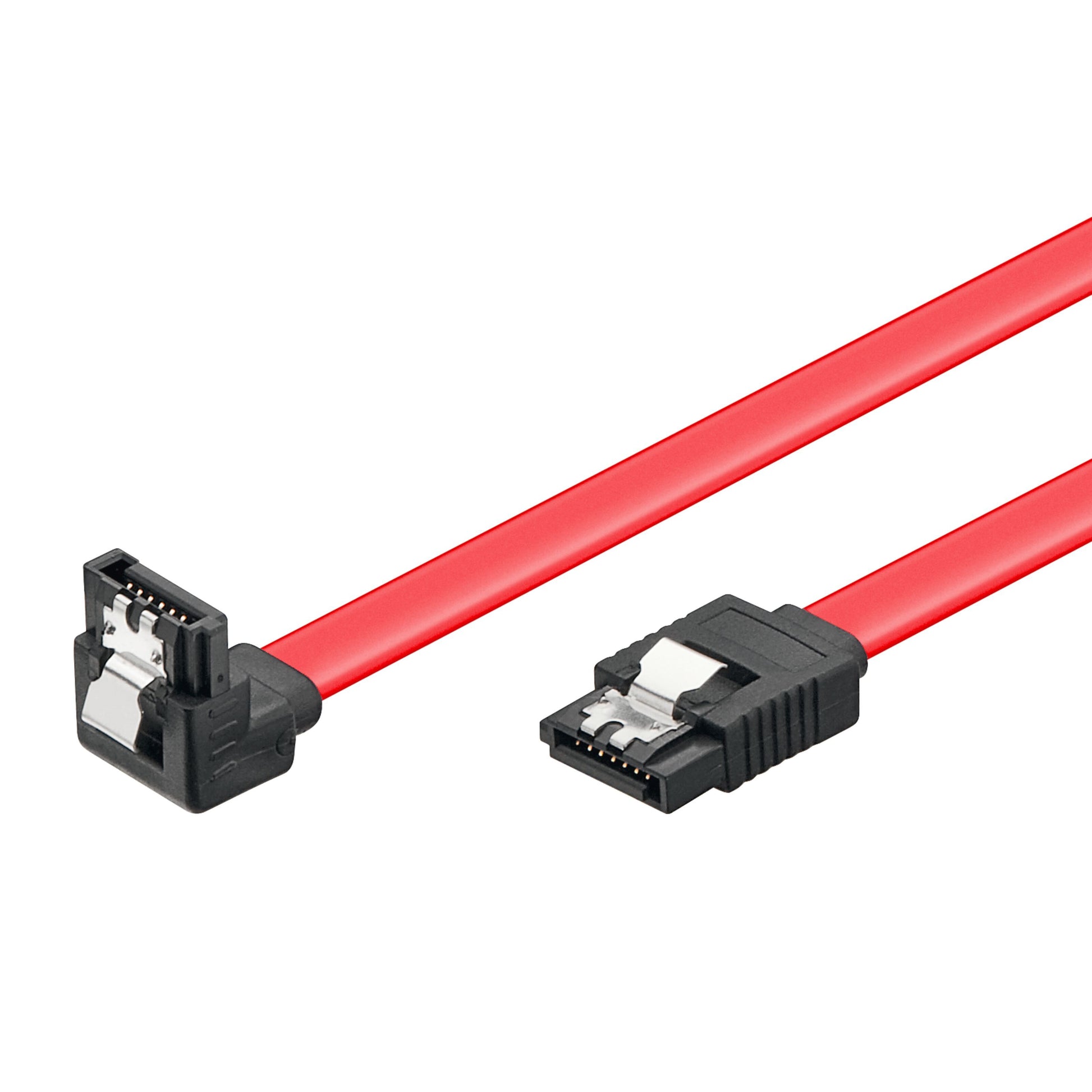 SATA 6 Gb/s kabel 0,5 m med lås, sort plast, én ret og én vinkelstik med metalclips til HDD/SSD.