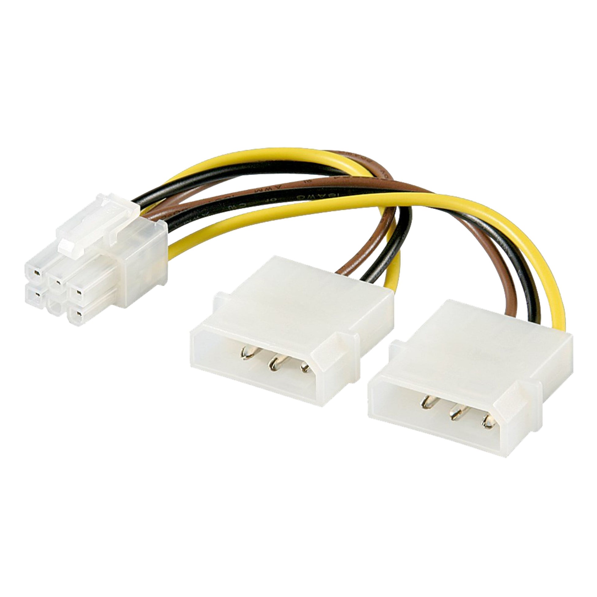 PCI Express-strømadapter 6-pin (2x Molex) med til 4-pin stik til én 6-pin PCIe, sorte og gule ledninger.