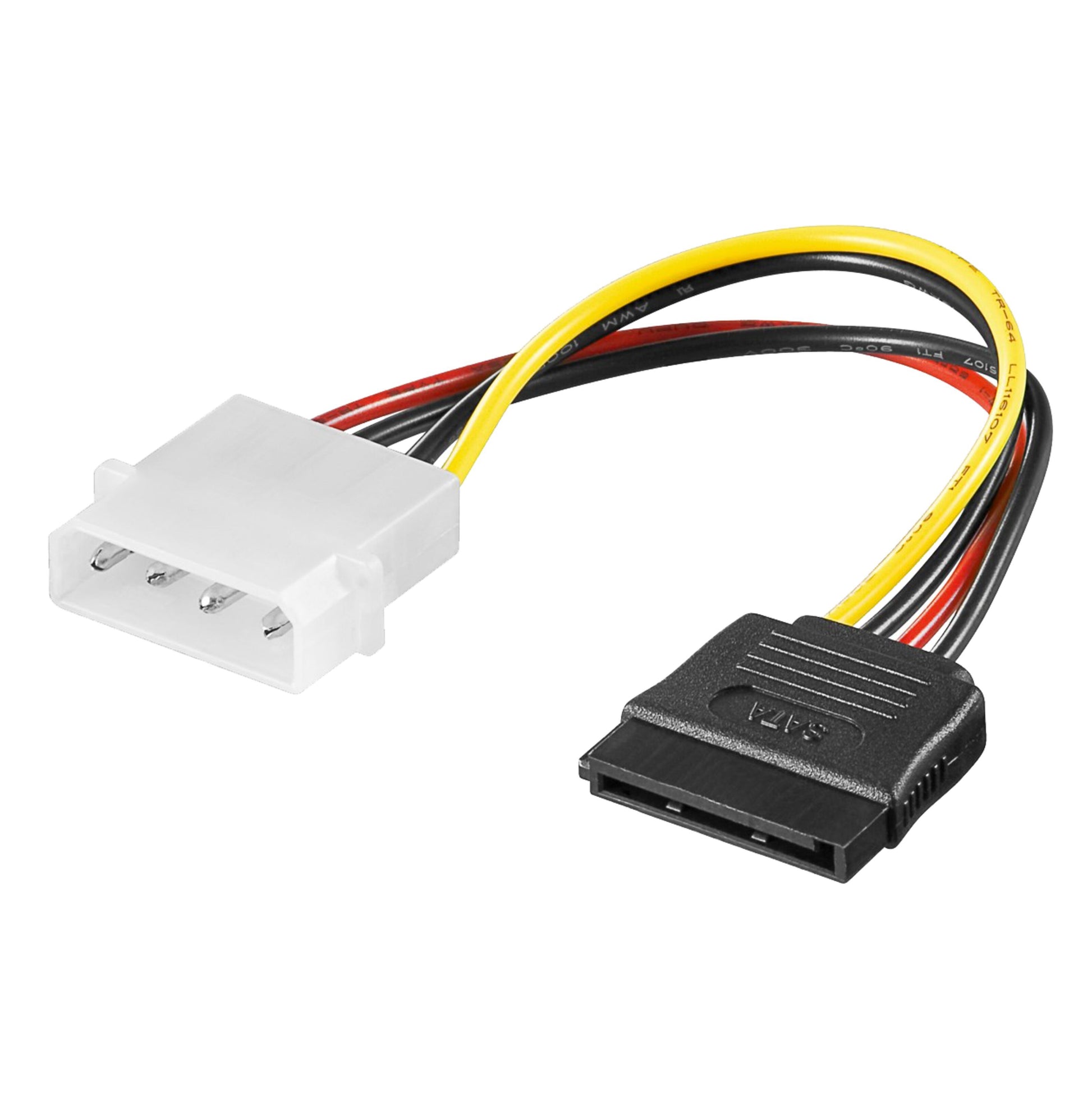 Luxorparts strømadapter Molex til SATA med farvede ledninger, 4-pin Molex og 15-pin SATA stik.