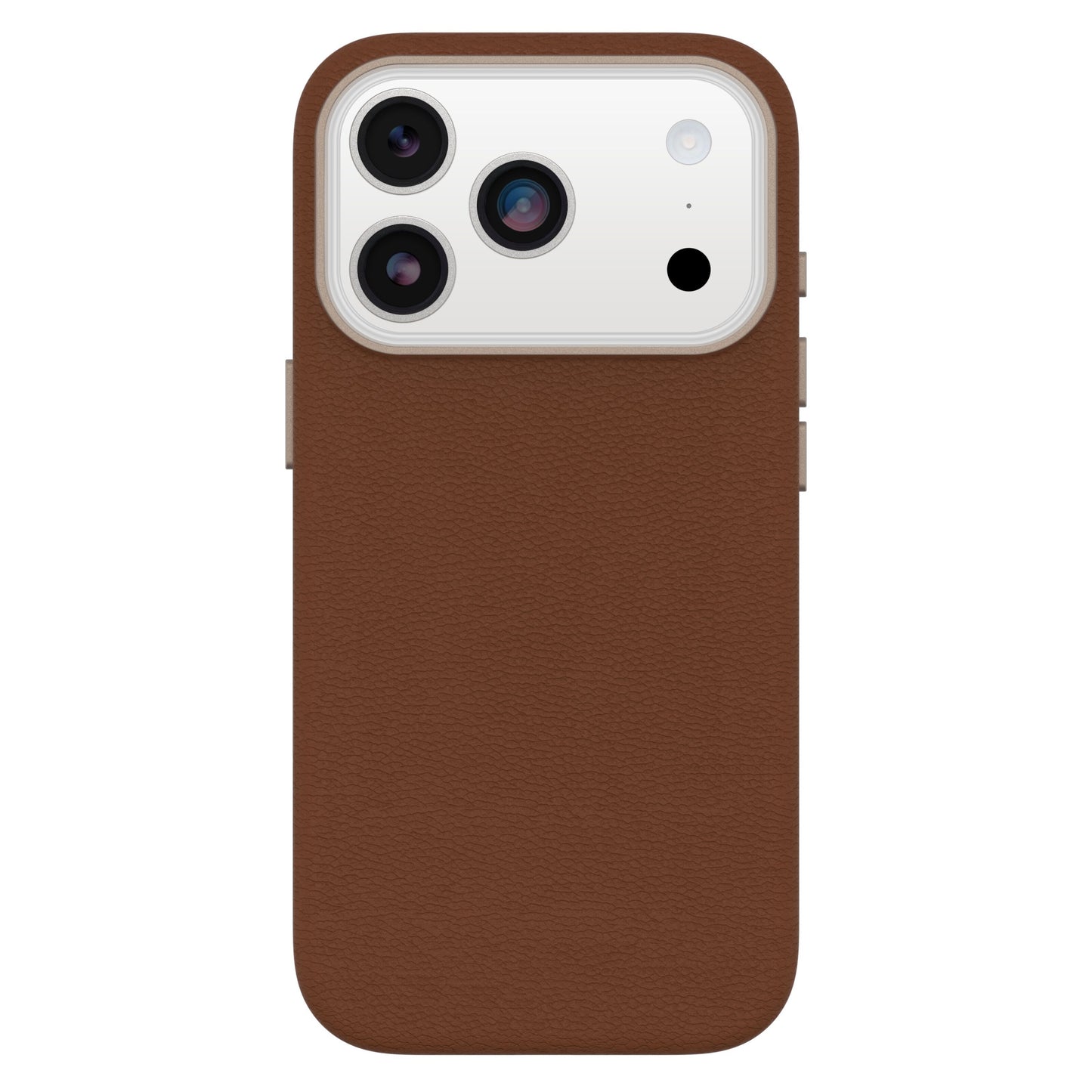 Otterbox Symmetry Cactus læder MagSafe cover til iPhone 17 Pro brun med udskæringer til tre-linsers hvidt kamera og knapper.
