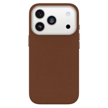 Otterbox Symmetry Cactus læder MagSafe cover til iPhone 17 Pro brun med udskæringer til tre-linsers hvidt kamera og knapper.