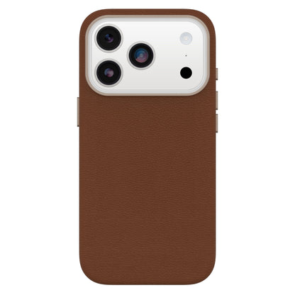 Otterbox Symmetry Cactus læder MagSafe cover til iPhone 17 Pro brun med udskæringer til tre-linsers hvidt kamera og knapper.