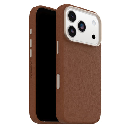 Otterbox Symmetry Cactus læder MagSafe cover brun til iPhone 17 Pro, passer med hvidt triple-kamera og blitz.