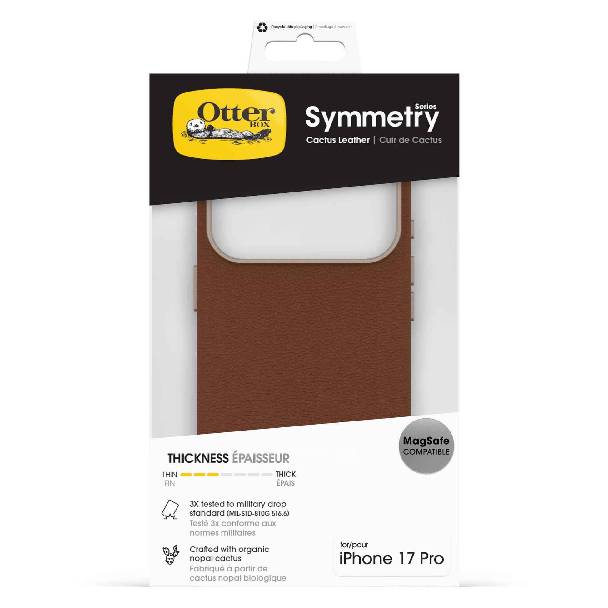 Otterbox Symmetry Cactus læder MagSafe til iPhone 17 Pro brun i emballage med nøglefunktioner og MagSafe-logo på forsiden.