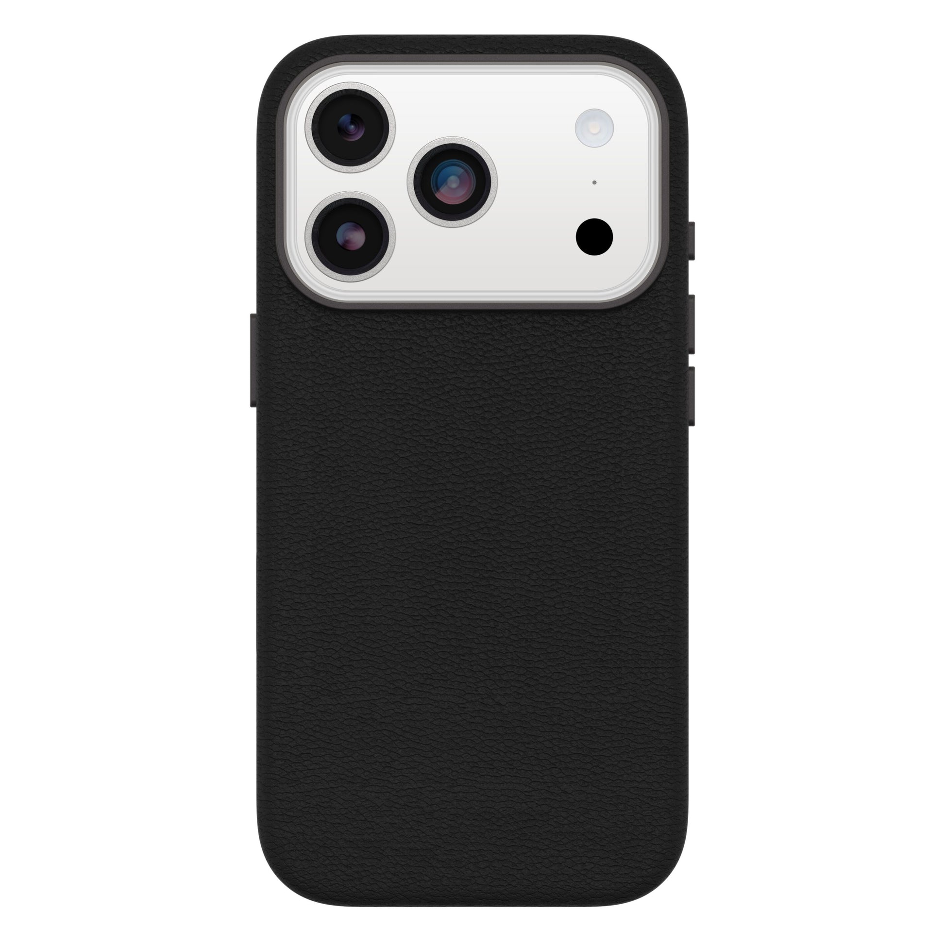 IPhone 17 Pro bagside i sort Cactus Leather MagSafe cover, hvidt kameramodul med tre linser og blitz.