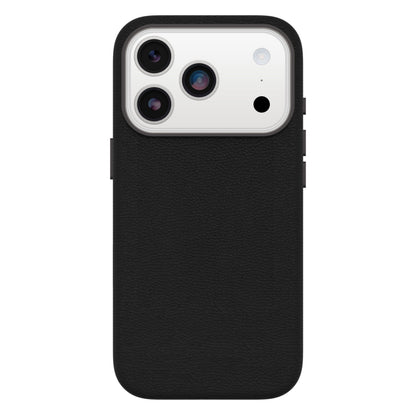 IPhone 17 Pro bagside i sort Cactus Leather MagSafe cover, hvidt kameramodul med tre linser og blitz.