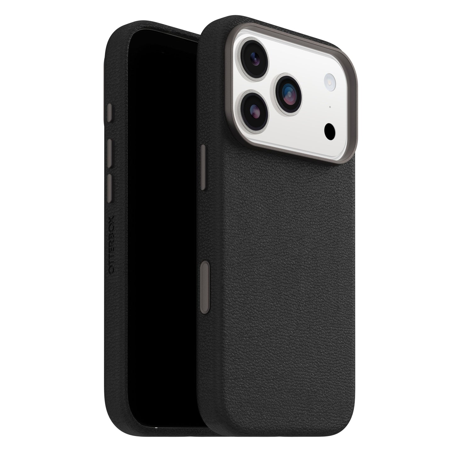 Symmetry Cactus Leather MagSafe cover til iPhone 17 Pro sort med udskæringer til tre kameraer, flash og sideknapper.