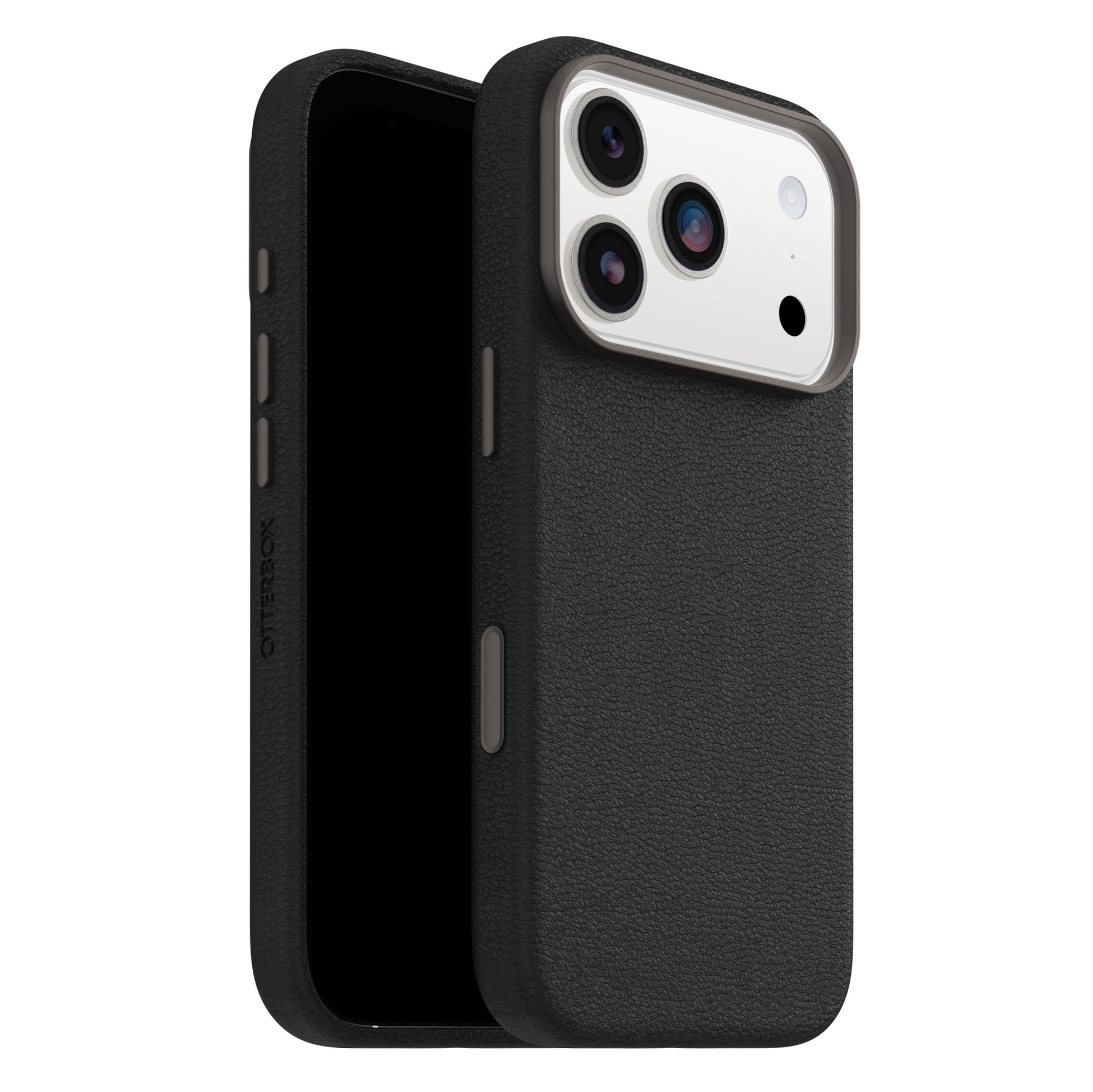 Symmetry Cactus Leather MagSafe cover til iPhone 17 Pro sort med udskæringer til tre kameraer, flash og sideknapper.