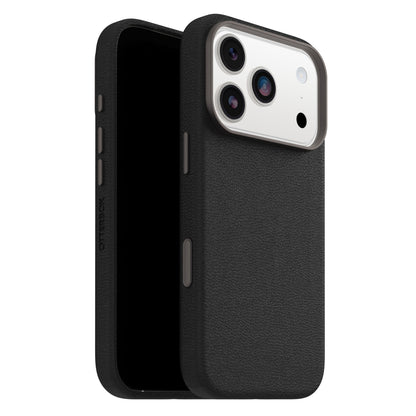 Symmetry Cactus Leather MagSafe cover til iPhone 17 Pro sort med udskæringer til tre kameraer, flash og sideknapper.