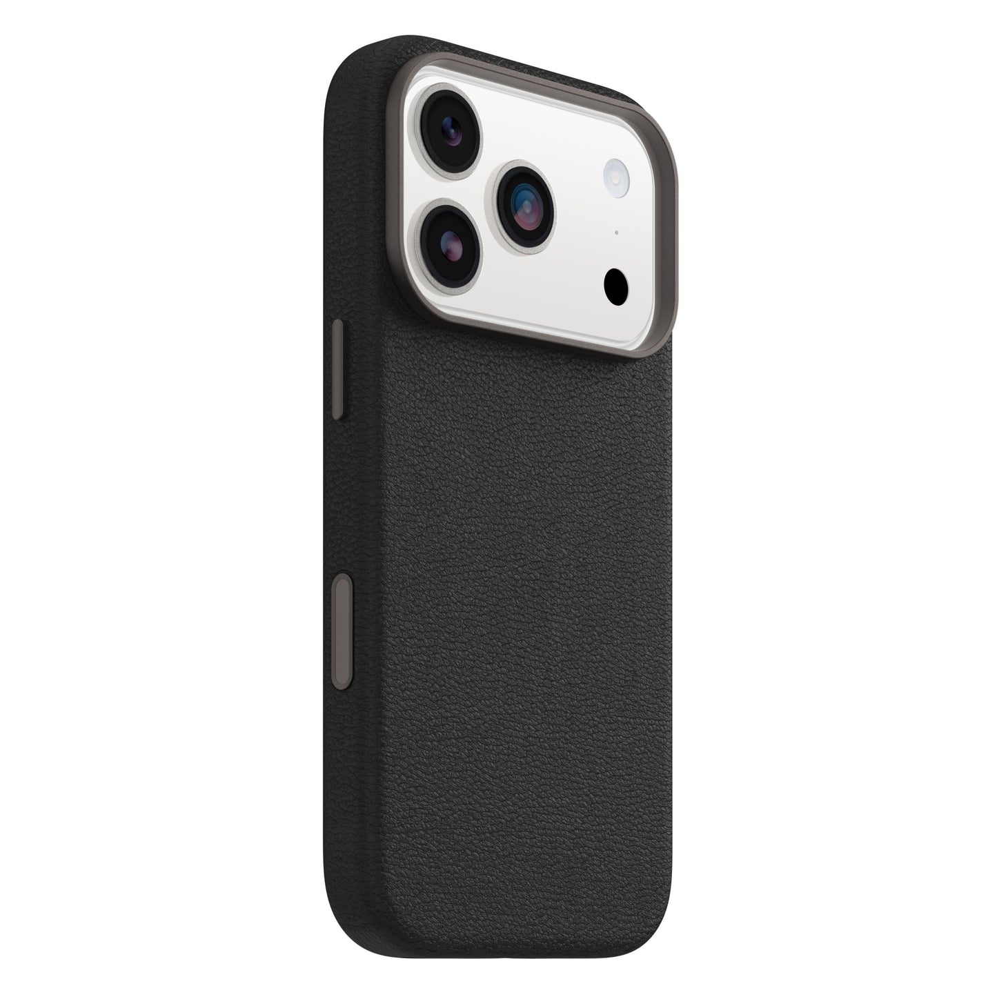 Symmetry Cactus Leather MagSafe cover til iPhone 17 Pro sort, vist bagfra med triple kamera og flash fra let venstre vinkel.