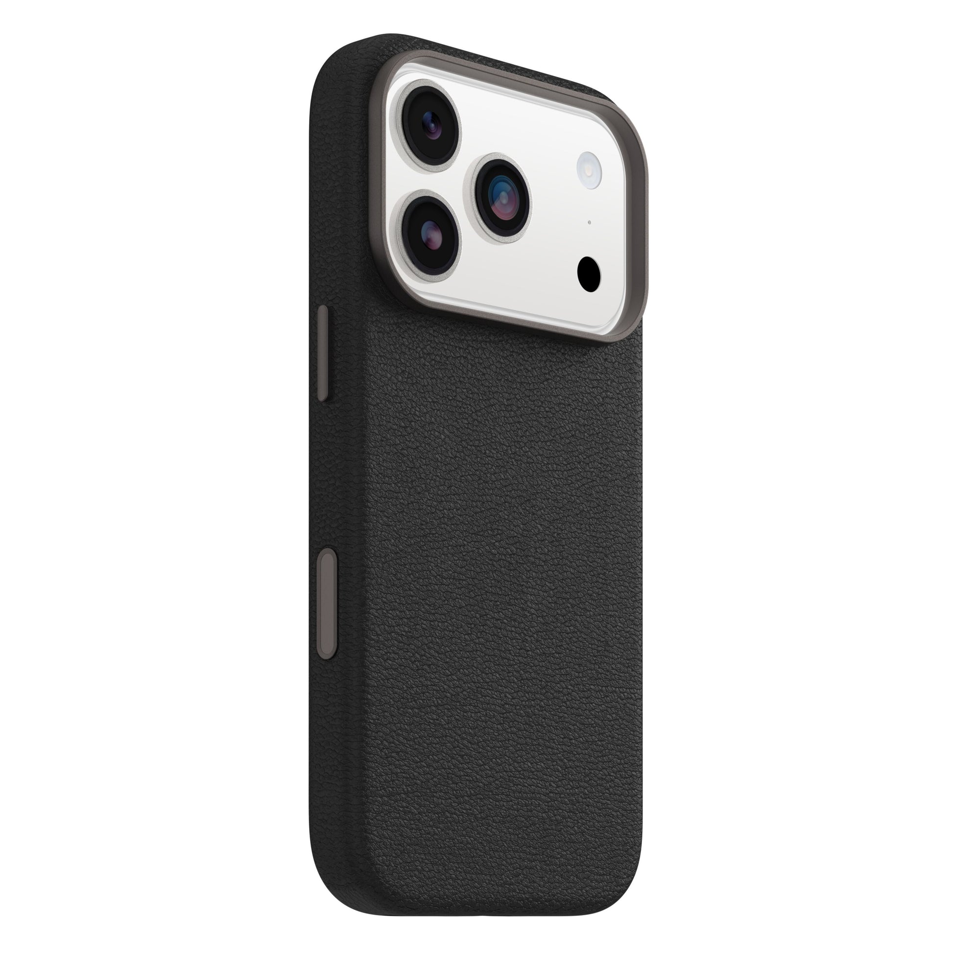 Symmetry Cactus Leather MagSafe cover til iPhone 17 Pro sort, vist bagfra med triple kamera og flash fra let venstre vinkel.