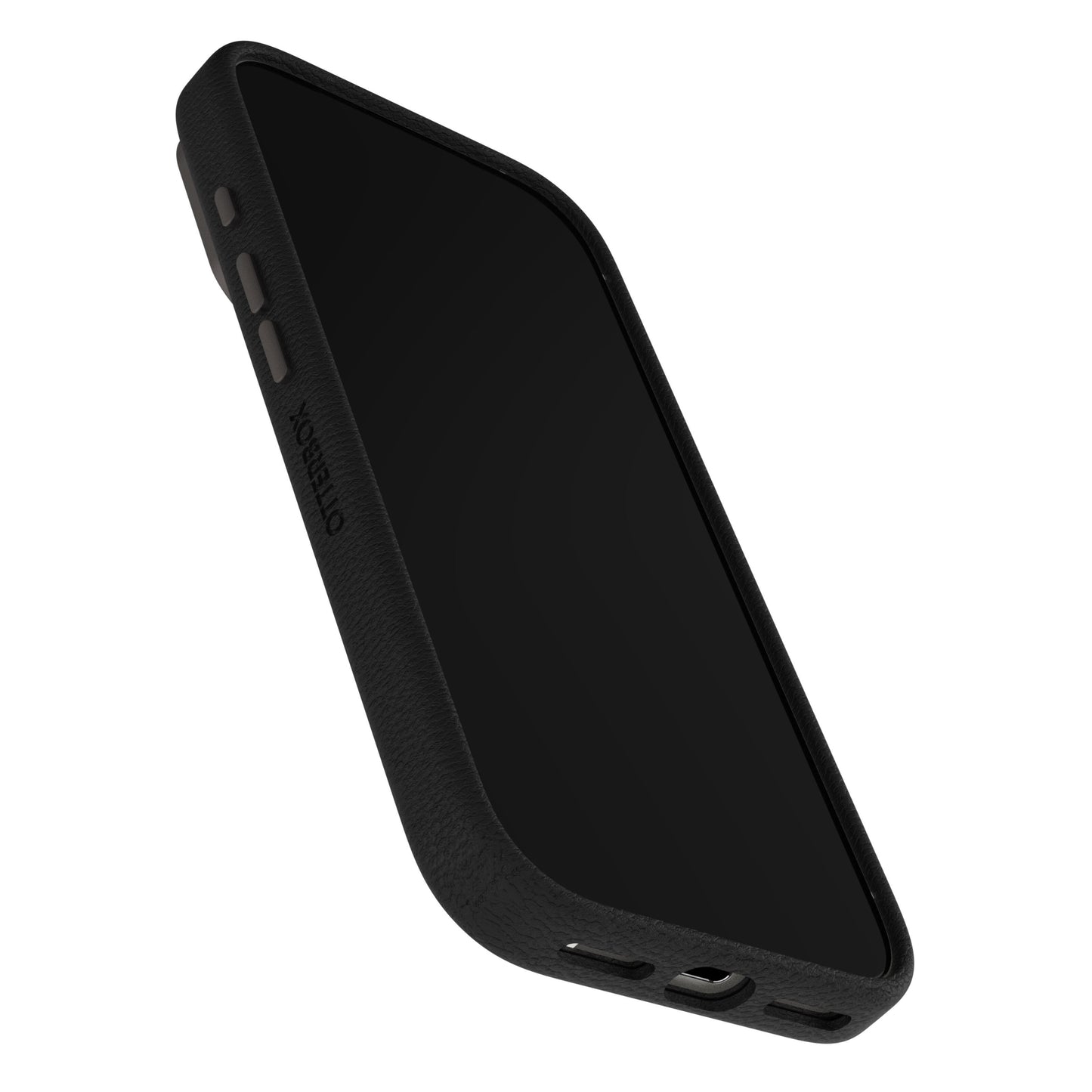 Otterbox Symmetry Cactus Leather MagSafe cover til iPhone 17 Pro sort, MagSafe, synlige sideknapper og bundporte.