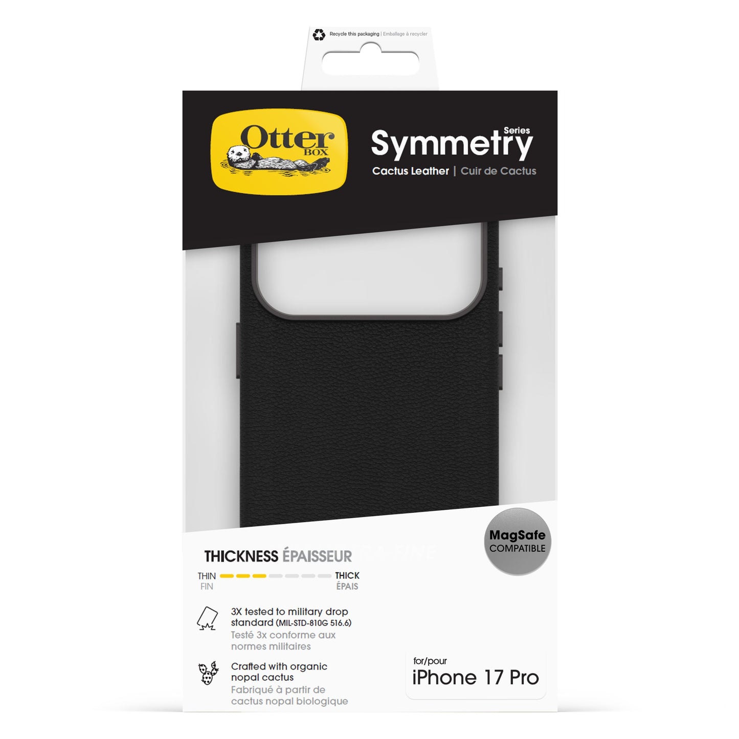 Otterbox Symmetry Cactus Leather MagSafe cover til iPhone 17 Pro sort i emballage med MagSafe og faldsikring.