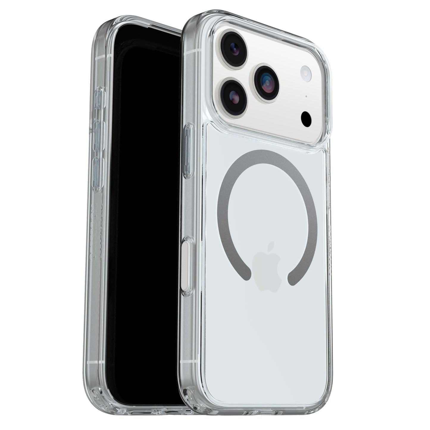 Otterbox Symmetry MagSafe cover til iPhone 17 Pro, klar med cirkulært MagSafe-symbol, Apple-logo og synlige kameralinser.