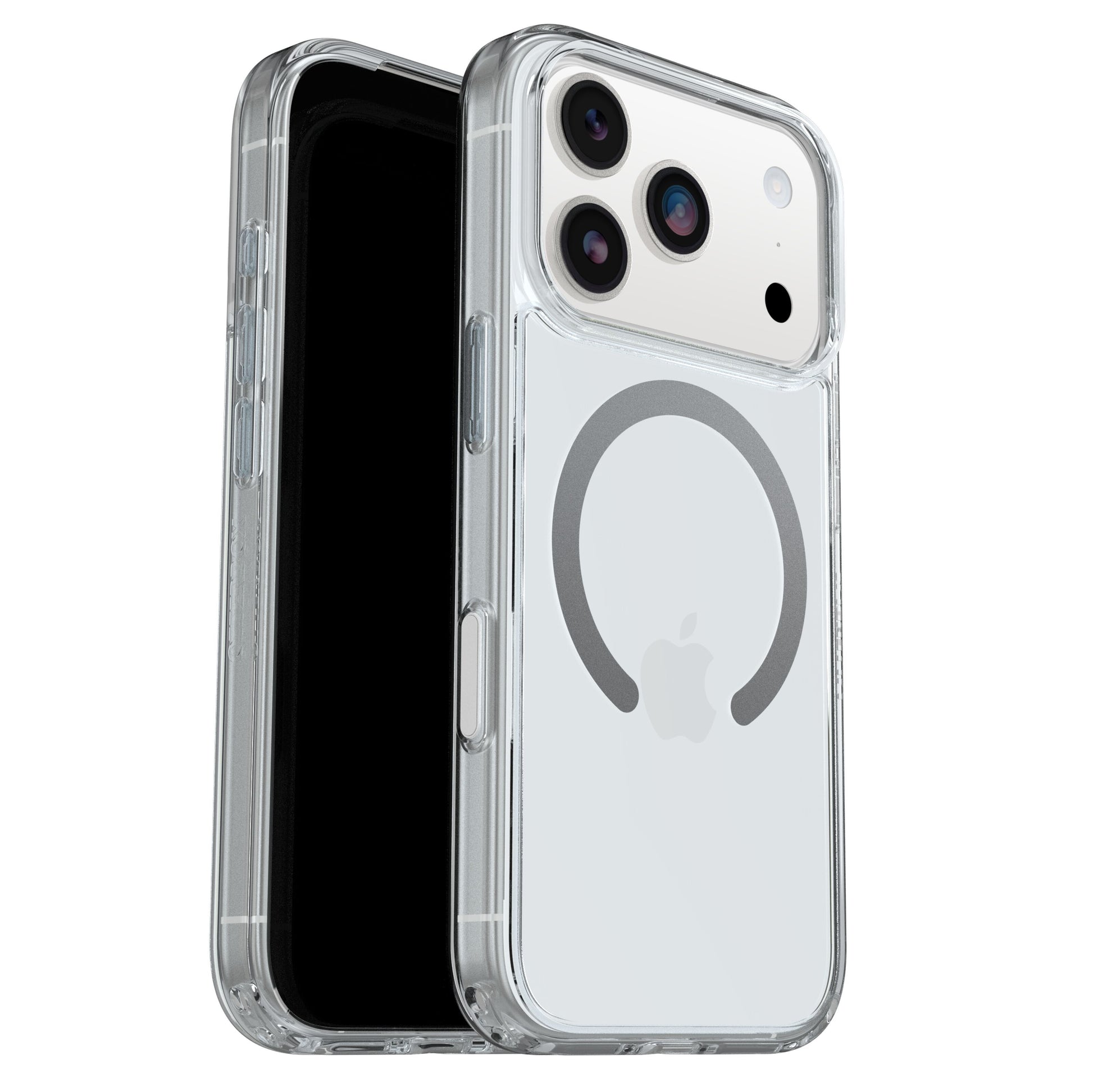Otterbox Symmetry MagSafe cover til iPhone 17 Pro, klar med cirkulært MagSafe-symbol, Apple-logo og synlige kameralinser.