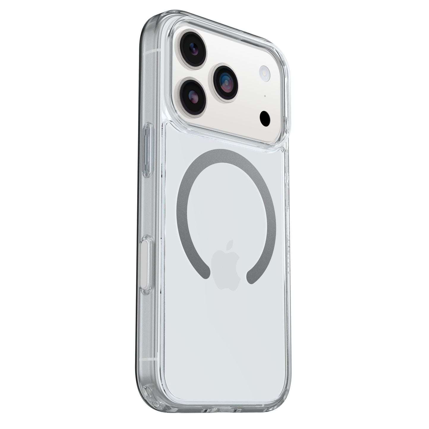 Otterbox Symmetry Magsafe cover til iPhone 17 Pro Klar med synligt Apple-logo og triple-kamera, militærklassificeret beskyttelse.