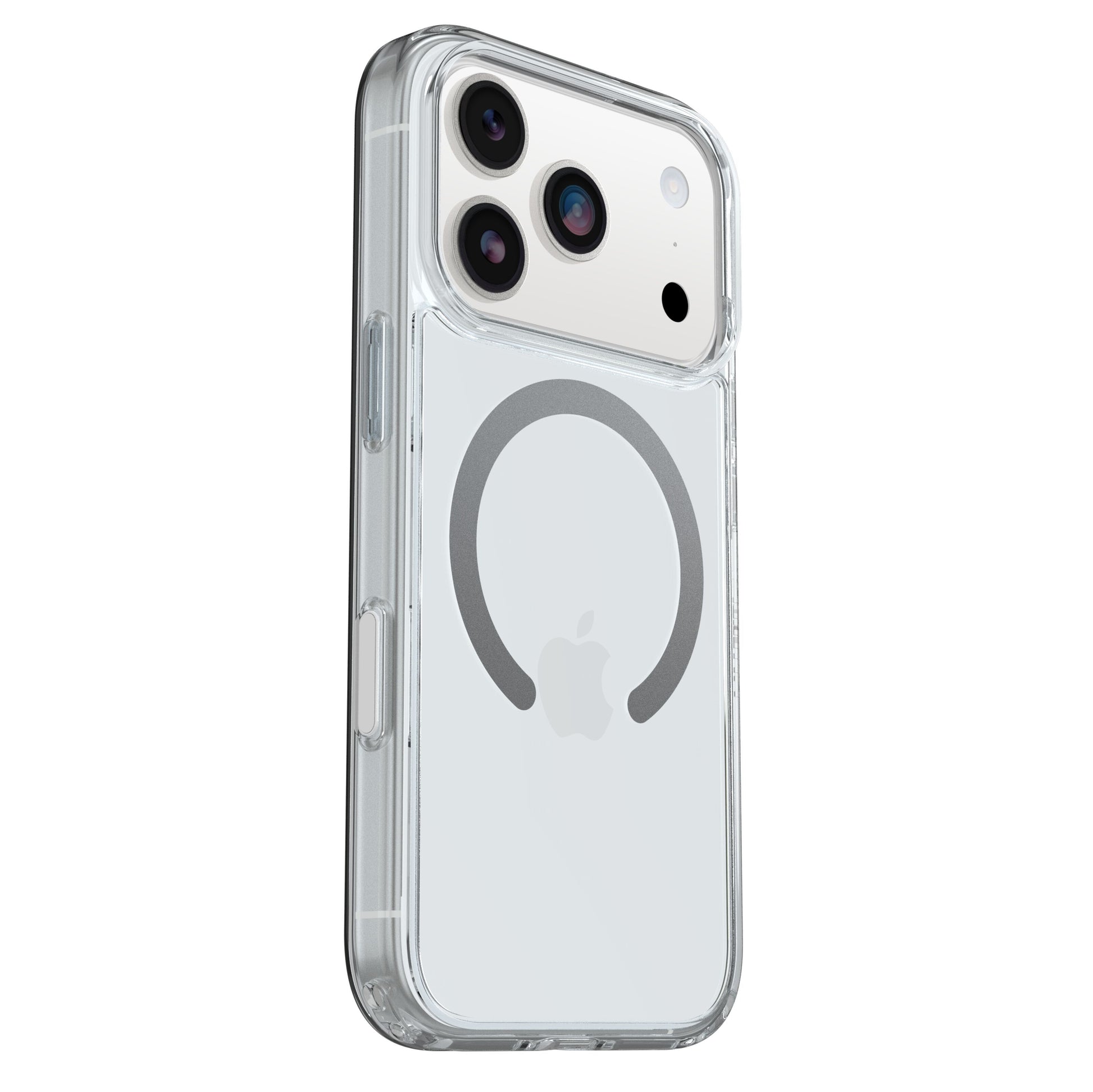 Otterbox Symmetry Magsafe cover til iPhone 17 Pro Klar med synligt Apple-logo og triple-kamera, militærklassificeret beskyttelse.
