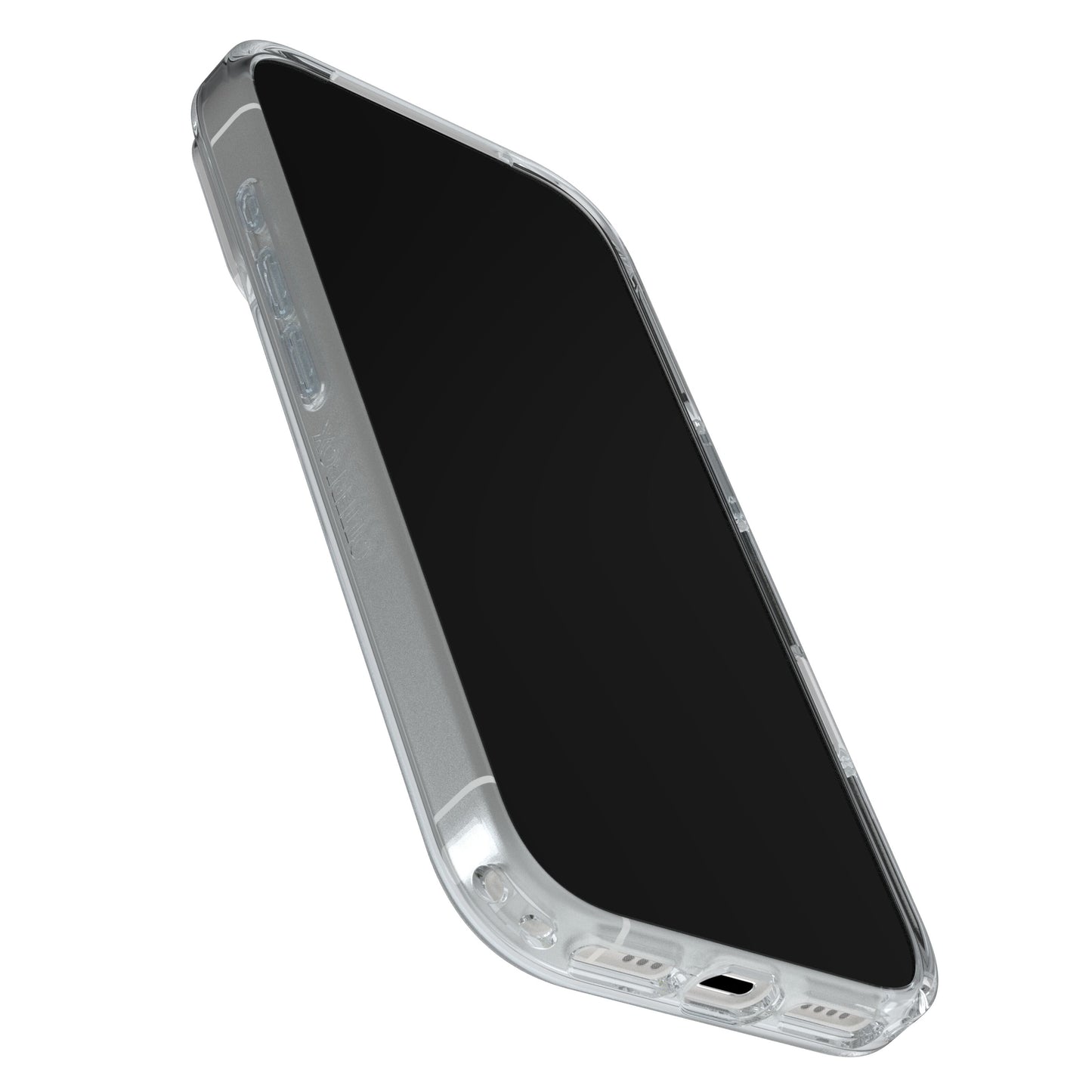 Otterbox Symmetry MagSafe cover til iPhone 17 Pro Klar viser sort skærm, klart etui med adgang til porte og knapper.