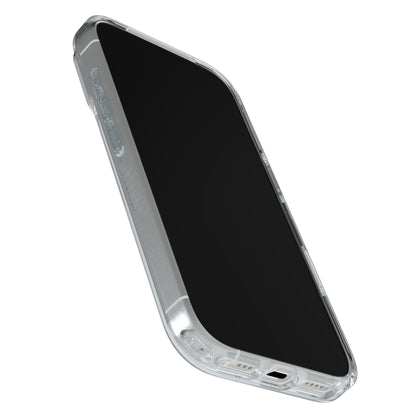 Otterbox Symmetry MagSafe cover til iPhone 17 Pro Klar viser sort skærm, klart etui med adgang til porte og knapper.