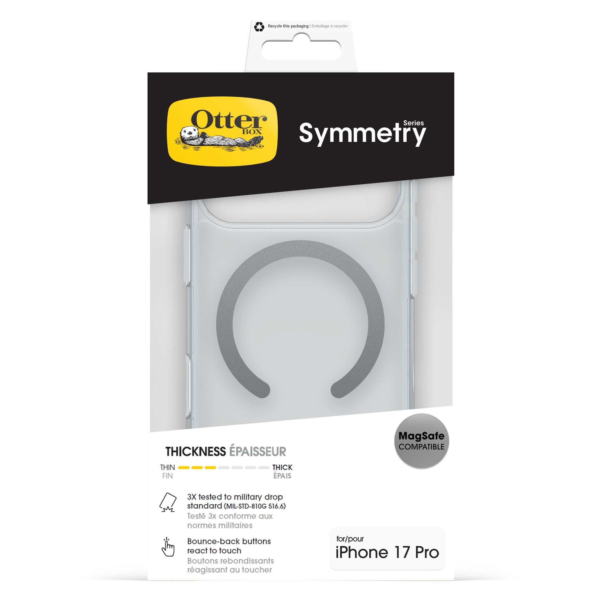 Otterbox Symmetry MagSafe cover til iPhone 17 Pro klar, militærklassificeret, drop protection, responsive knapper.