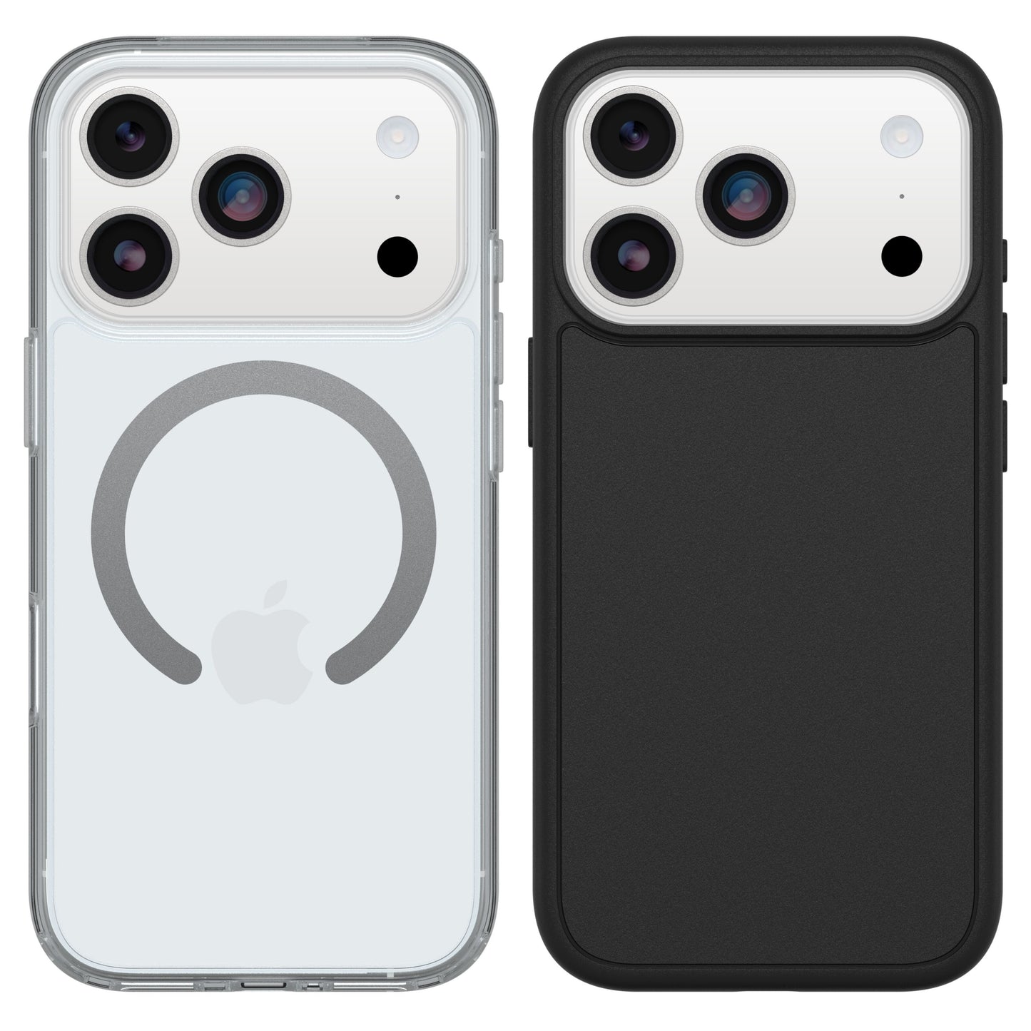 Apple iPhone 17 Pro hvid, én med MagSafe gennemsigtig cover viser ring og logo, én med sort cover, begge tre kameraer.