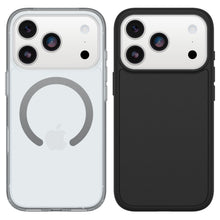 Apple iPhone 17 Pro hvid, én med MagSafe gennemsigtig cover viser ring og logo, én med sort cover, begge tre kameraer.