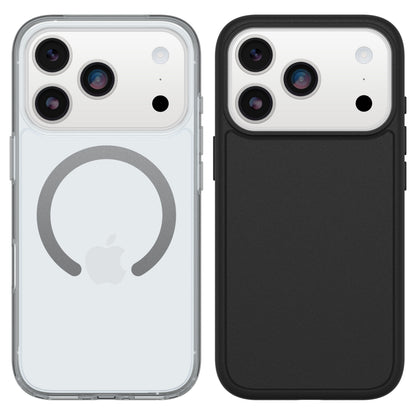 Apple iPhone 17 Pro hvid, én med MagSafe gennemsigtig cover viser ring og logo, én med sort cover, begge tre kameraer.