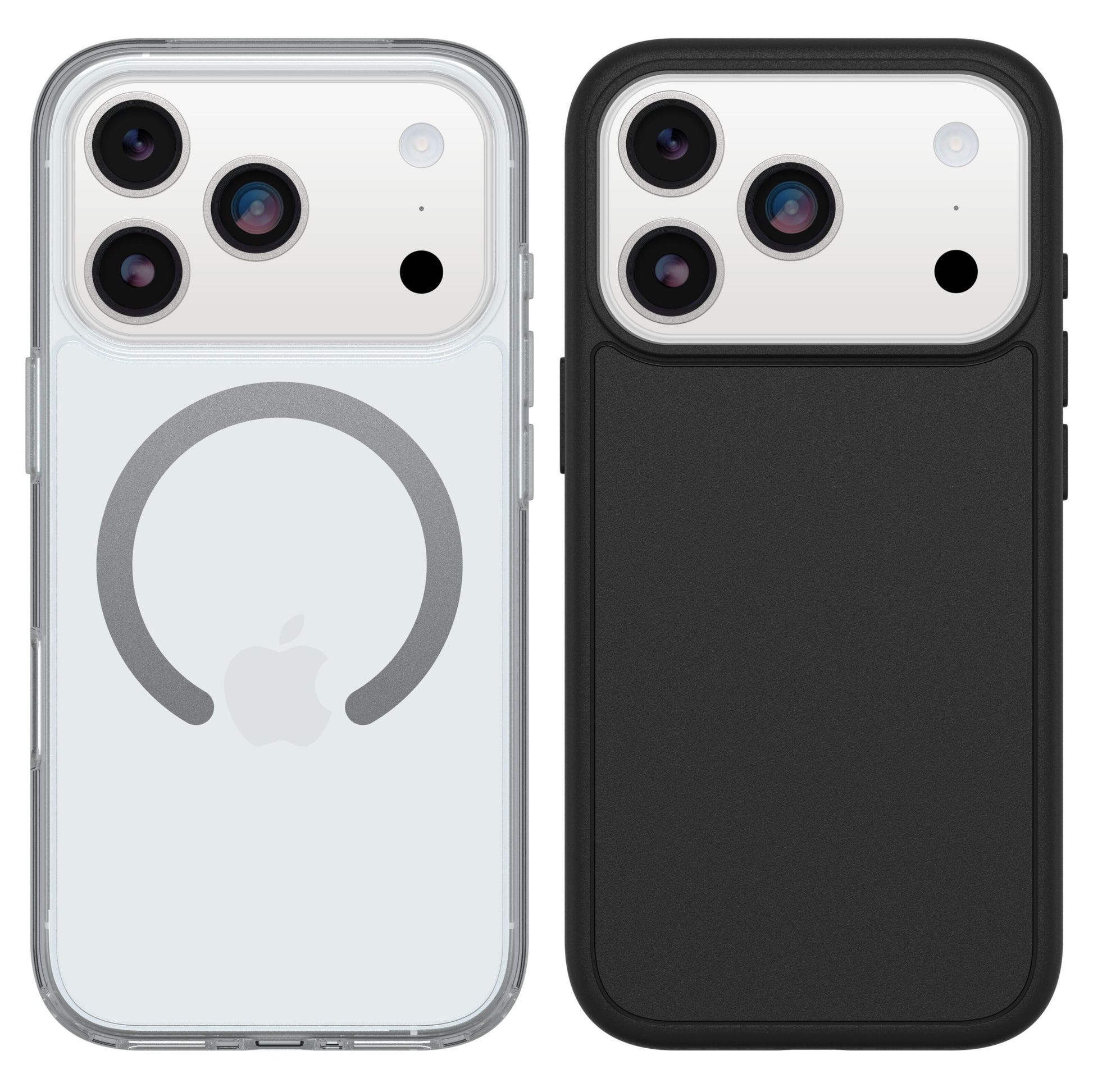 Otterbox Symmetry MagSafe cover sort til iPhone 17 Pro, vises ved siden af sort cover til samme model, begge med Apple-logo.