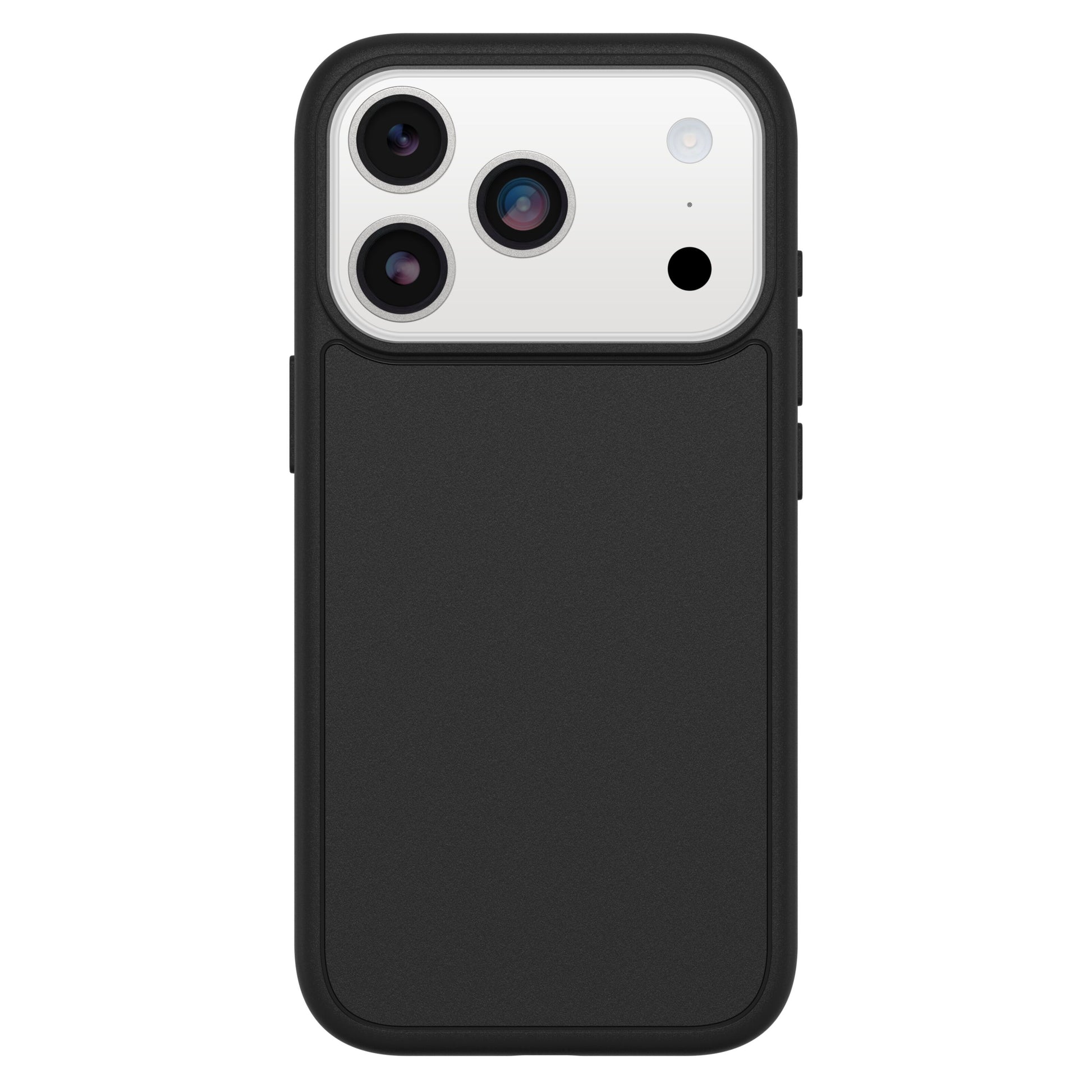 IPhone 17 Pro triple kamera og flash, delvist dækket af sort Symmetry MagSafe cover, hvid kameramodul synlig.