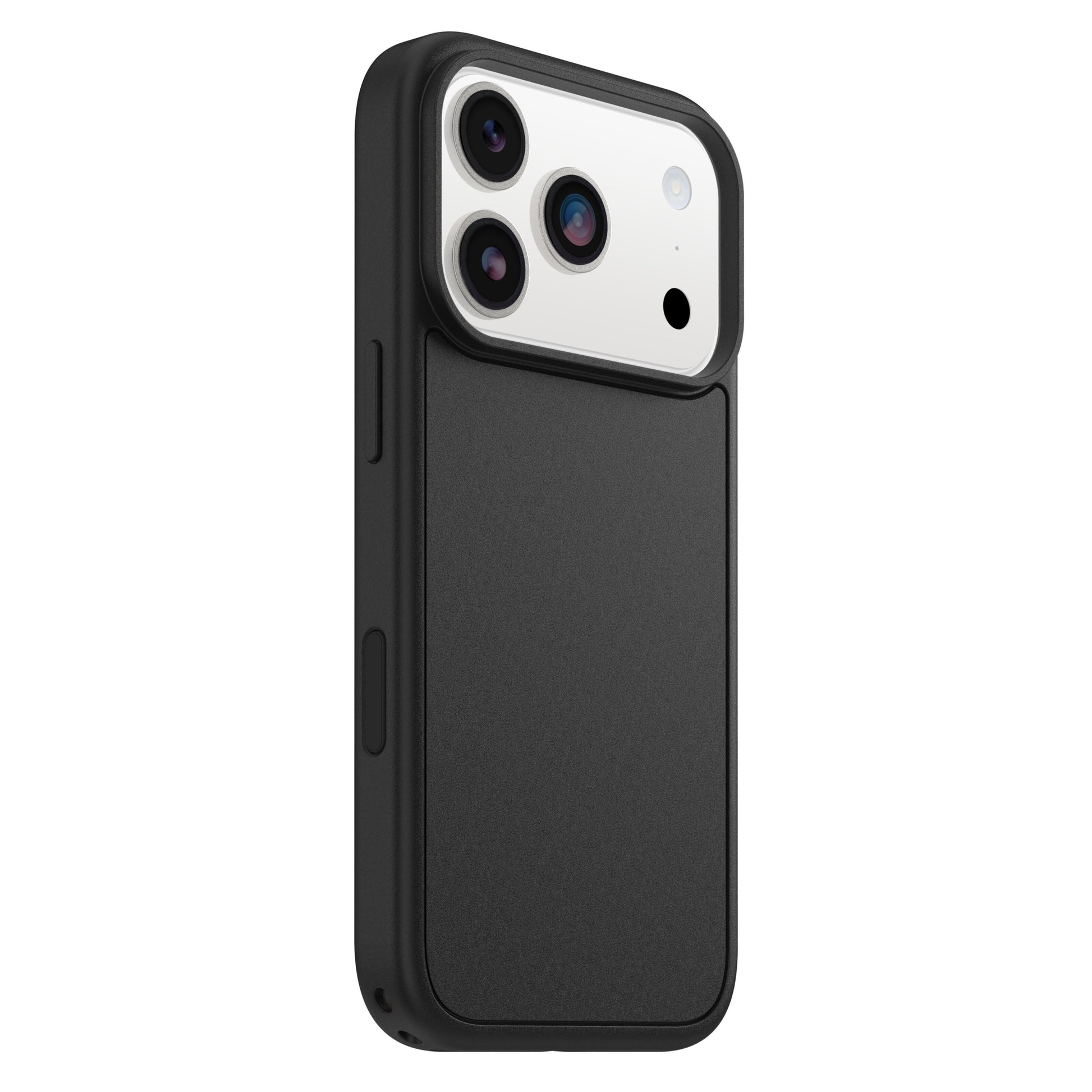 IPhone 17 Pro i sort Otterbox Symmetry MagSafe cover med hvidt kameramodul, tre linser og blitz, set fra siden.