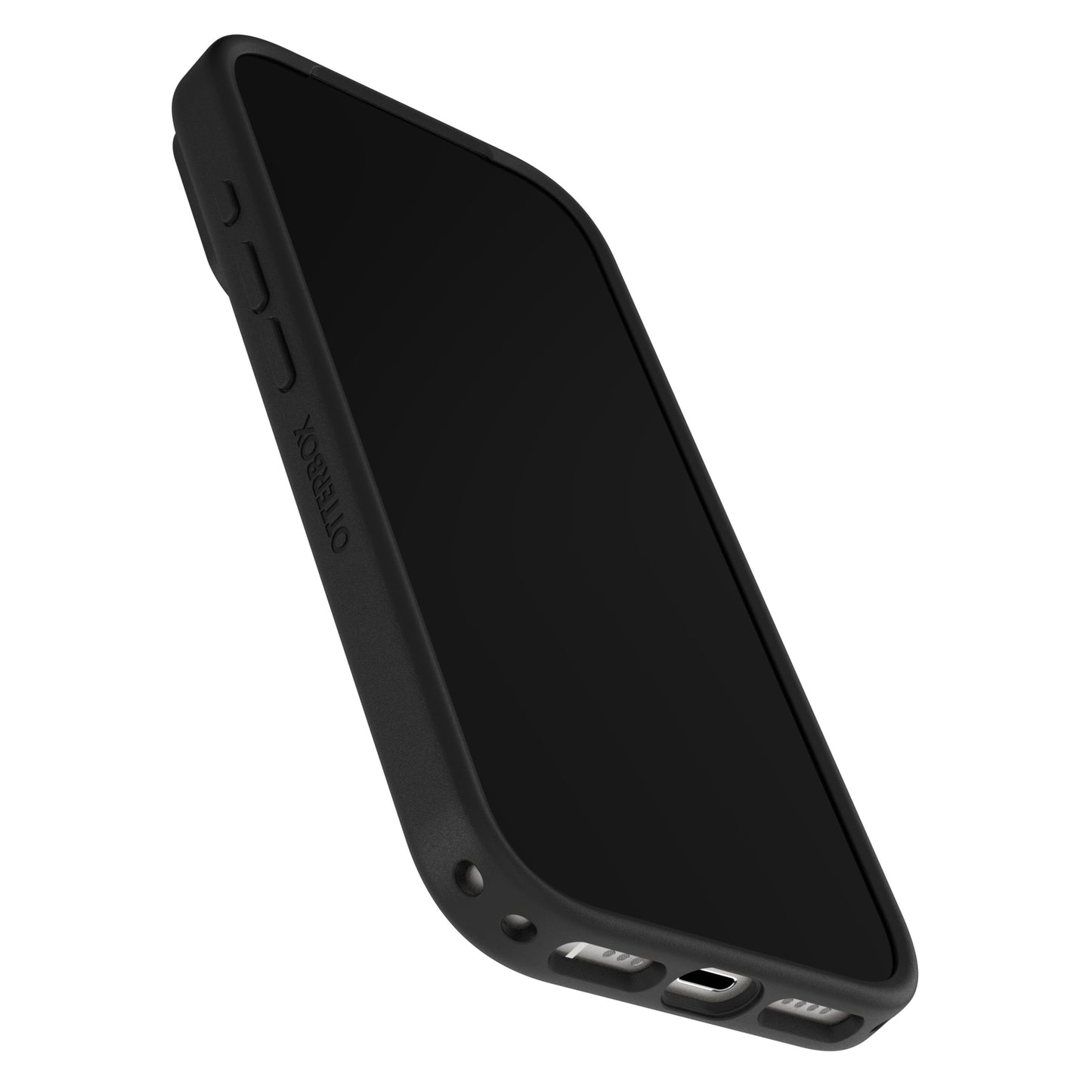 Otterbox Symmetry MagSafe cover til iPhone 17 Pro sort med knapbeskyttere, udskæringer til oplader og højtalere.