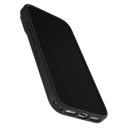 Otterbox Symmetry MagSafe cover til iPhone 17 Pro sort med knapbeskyttere, udskæringer til oplader og højtalere.