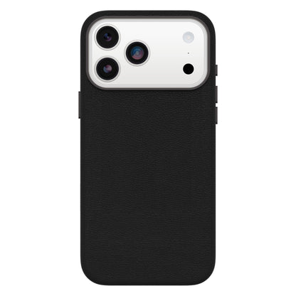 IPhone 17 Pro Max i sort Otterbox Symmetry Cactus Leather MagSafe cover, hvidt kameramodul med tre linser og blitz, stødtestet.