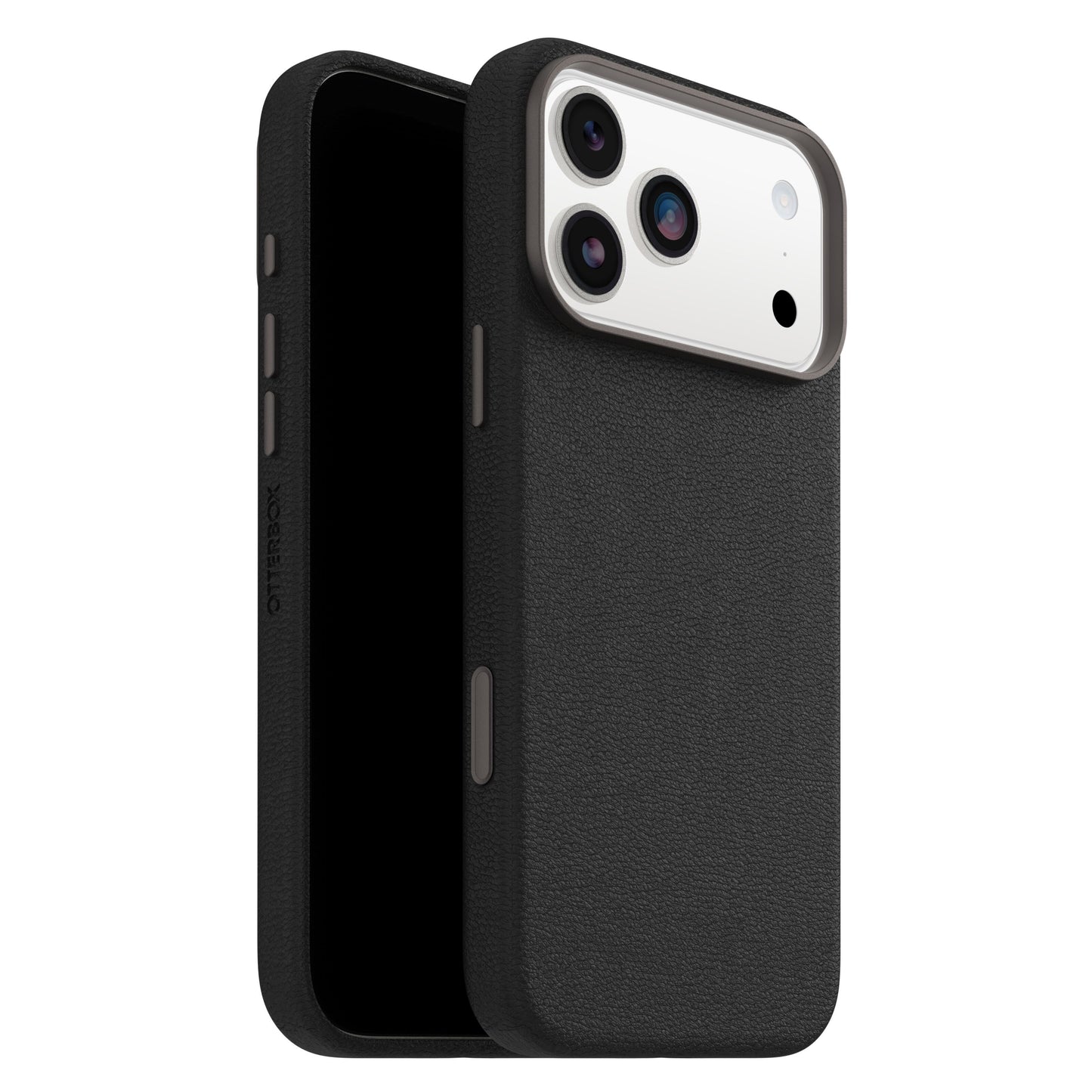 Otterbox Symmetry Cactus Leather MagSafe cover iPhone 17 Pro Max sort, tekstur, præcise knapudskæringer, stor kameraåbning.