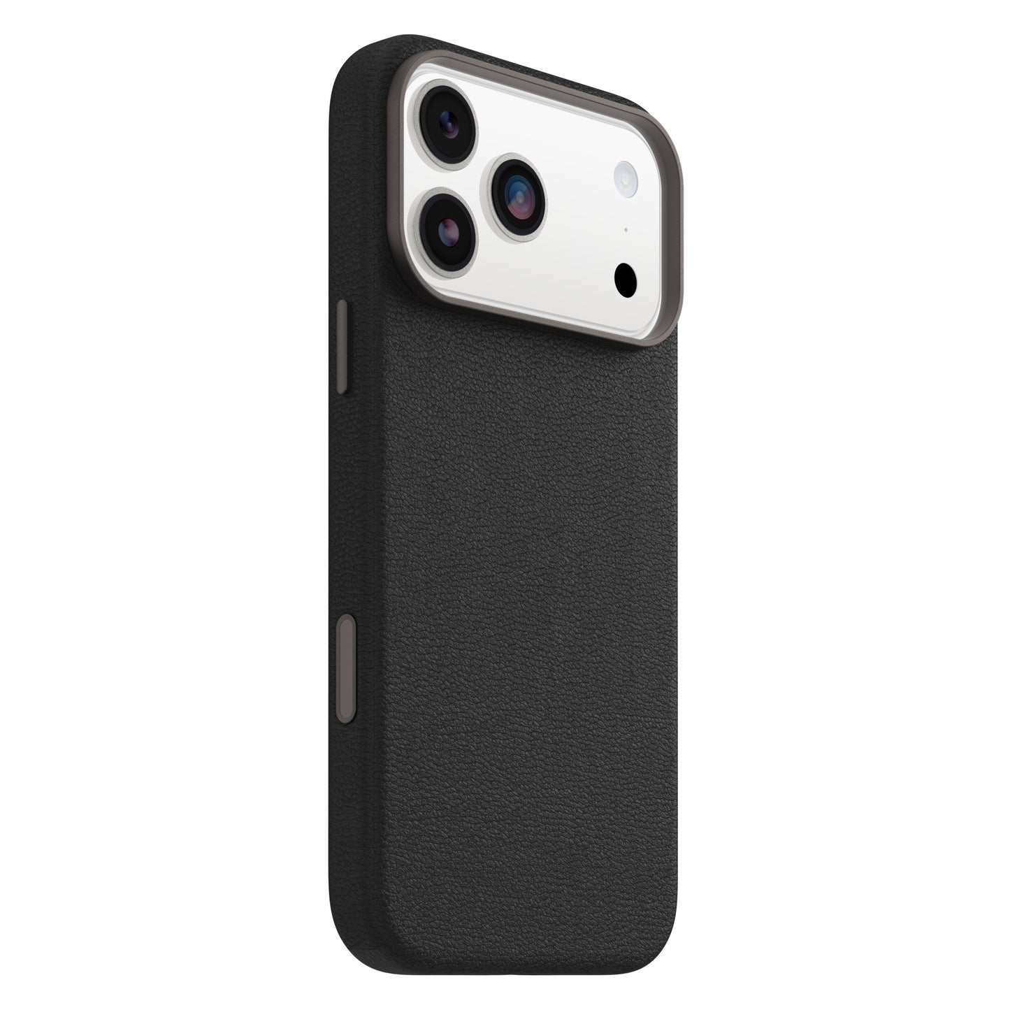 Symmetry Cactus Leather Magsafe cover til iPhone 17 Pro Max sort, tekstureret, passer hvid mobil med triple kamera og LED flash.