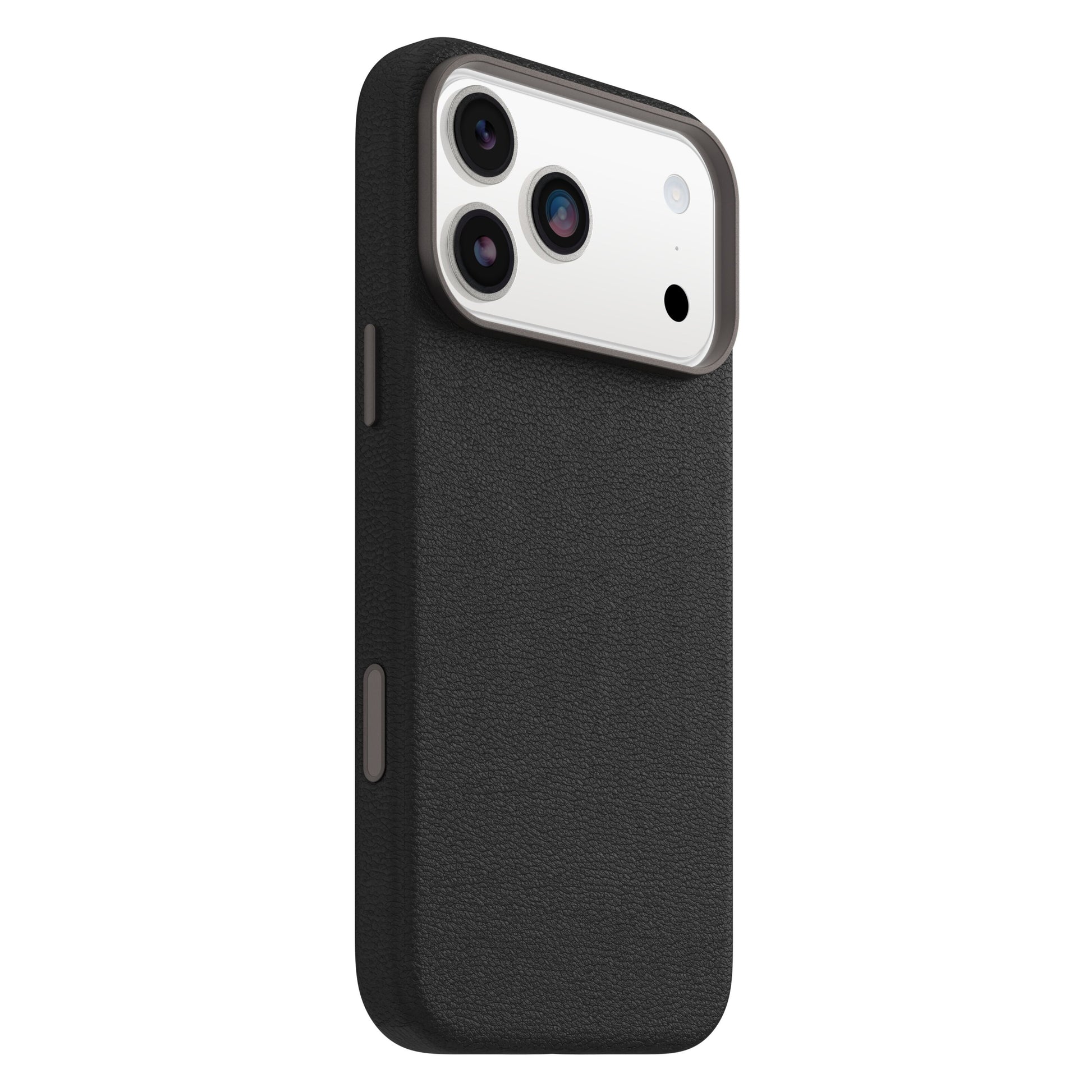Symmetry Cactus Leather Magsafe cover til iPhone 17 Pro Max sort, tekstureret, passer hvid mobil med triple kamera og LED flash.