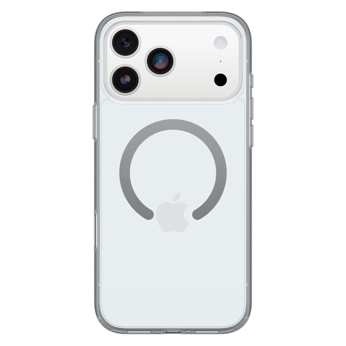 Otterbox Symmetry MagSafe cover til iPhone 17 Pro Max klar gennemsigtig med synligt Apple-logo og MagSafe-cirkel.