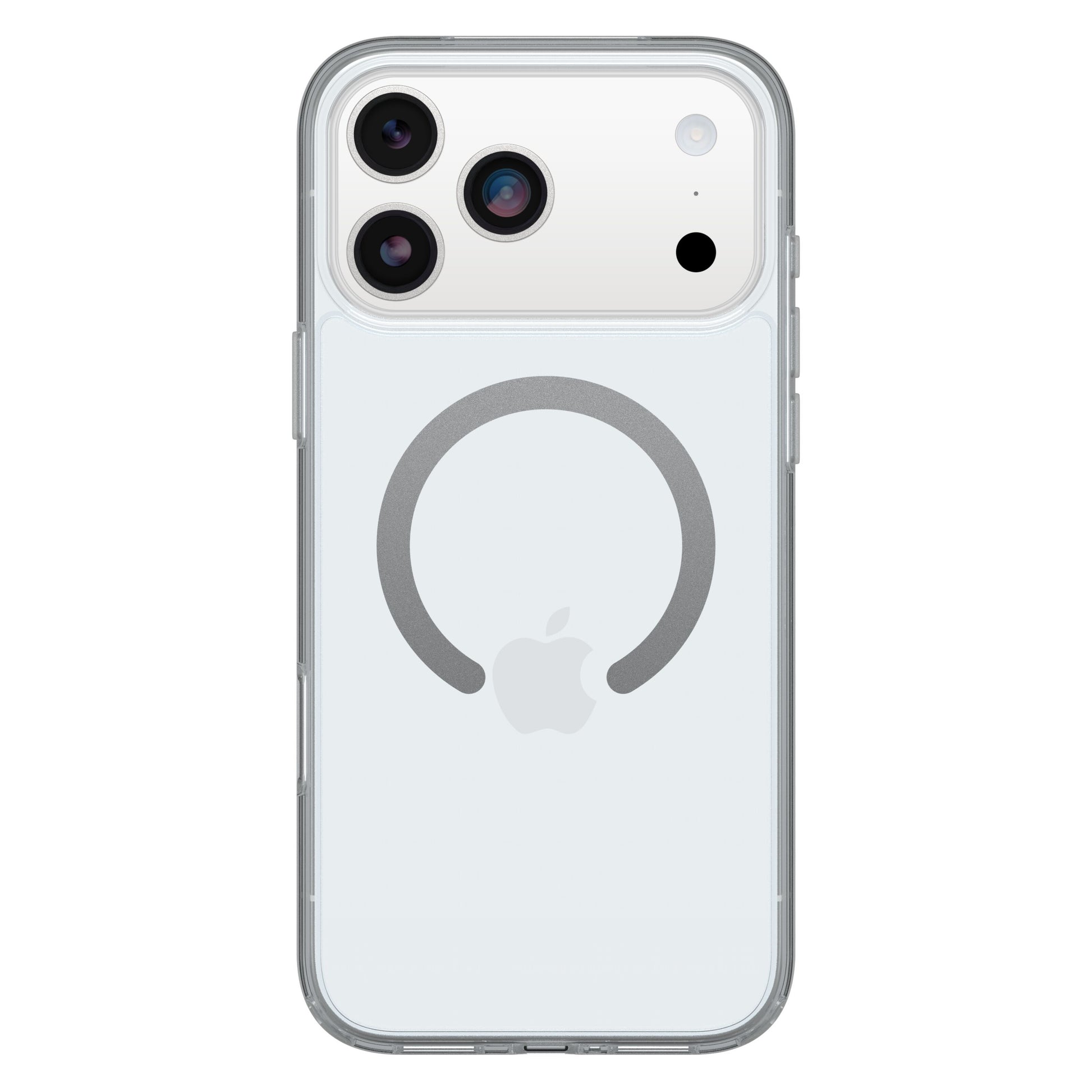 Otterbox Symmetry MagSafe cover til iPhone 17 Pro Max klar gennemsigtig med synligt Apple-logo og MagSafe-cirkel.