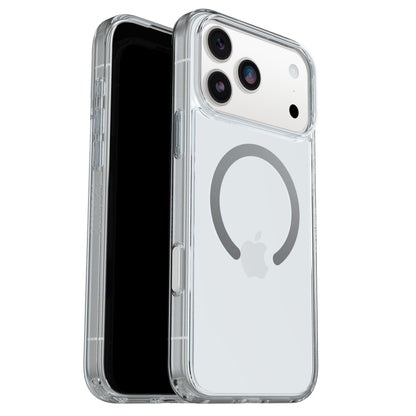 Otterbox Symmetry MagSafe klar cover til iPhone 17 Pro Max med synligt Apple-logo og MagSafe-ring, sort skærm.