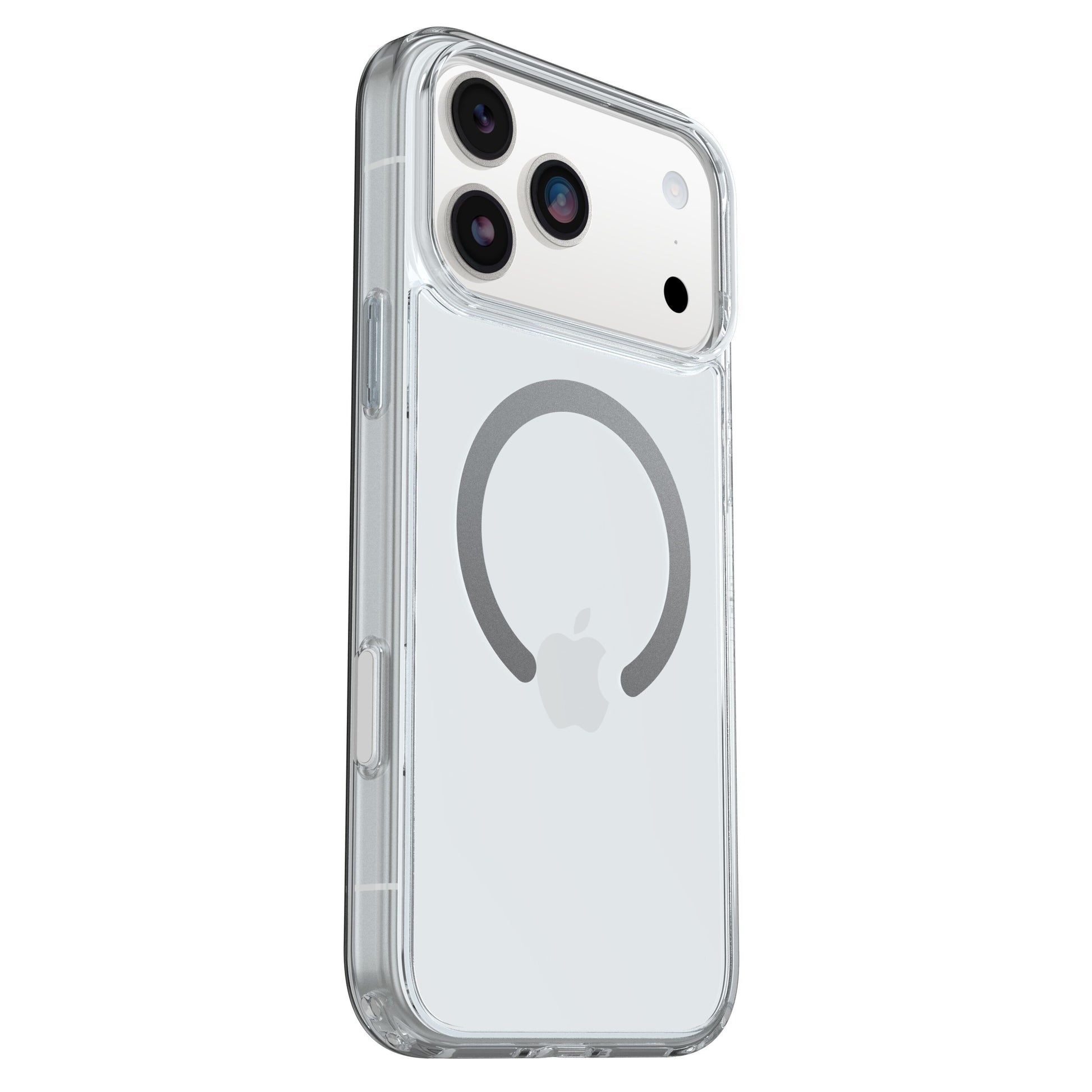 Otterbox Symmetry MagSafe cover iPhone 17 Pro Max klar med synligt Apple-logo, grå MagSafe-ring, tre kameraer, sideknapper.