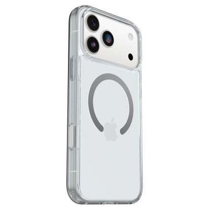 Otterbox Symmetry MagSafe cover iPhone 17 Pro Max klar med synligt Apple-logo, grå MagSafe-ring, tre kameraer, sideknapper.