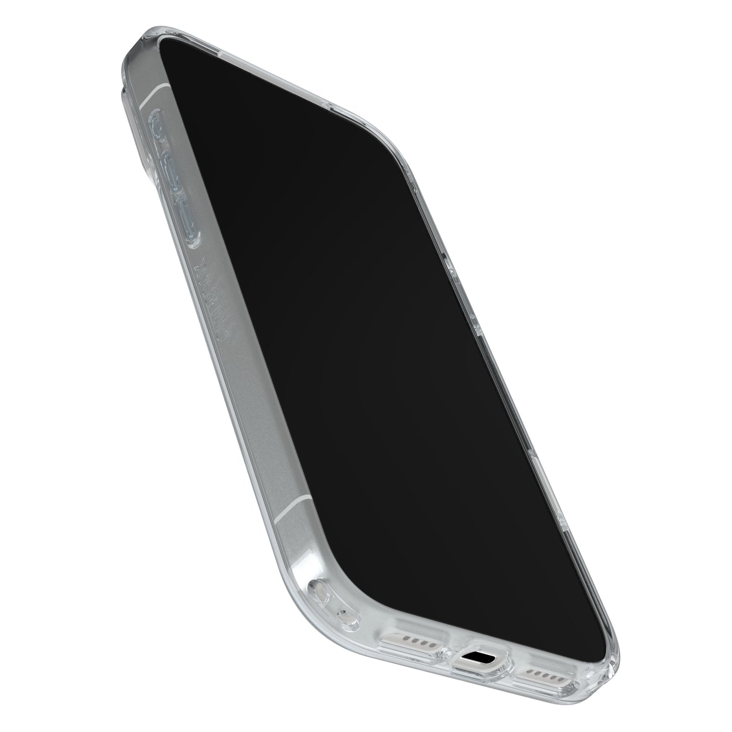 Otterbox Symmetry MagSafe cover til iPhone 17 Pro Max Klar, gennemsigtigt etui med sort skærm og kantbeskyttelse.