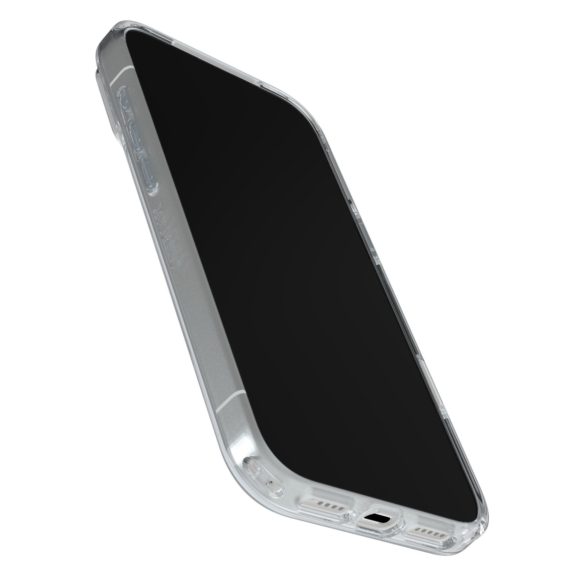 Otterbox Symmetry MagSafe cover til iPhone 17 Pro Max Klar, gennemsigtigt etui med sort skærm og kantbeskyttelse.