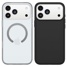 IPhone med gennemsigtigt cover, grå cirkeldesign og Apple-logo samt iPhone 17 Pro Max i klart MagSafe beskyttelsescover.